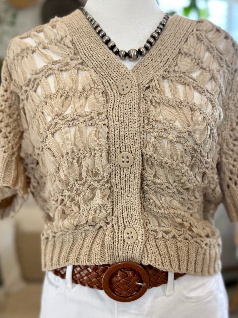 Beige Open-Knit Top Button-Down Coastal Cropped Cardigan Sweater Shirt M